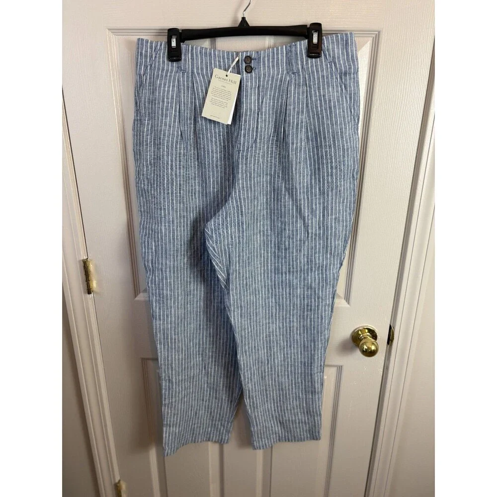 Garnet Hill 100% Linen Blue and White Stripe Pants Size 14 NWT $139 - 430